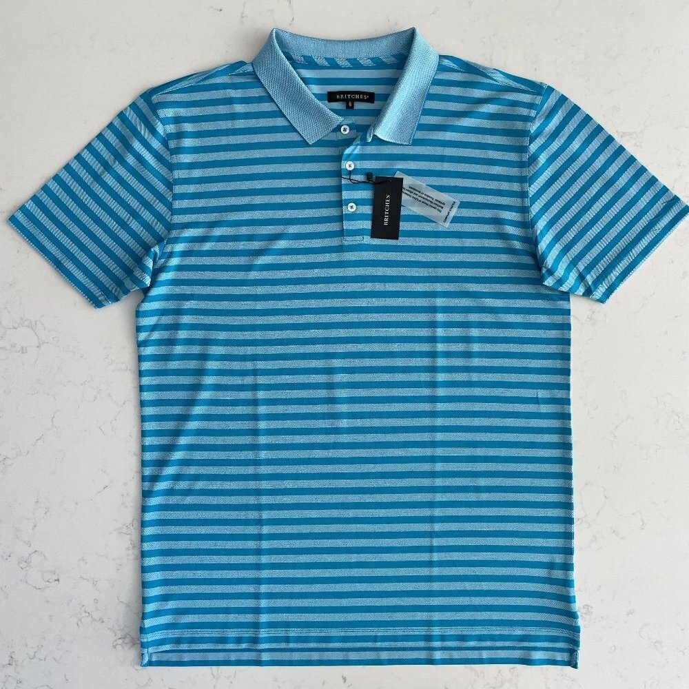 Britches SS 3 Button Pull On Striped Poly Blend Polo Shirt Teal Blue Sz XL NWT